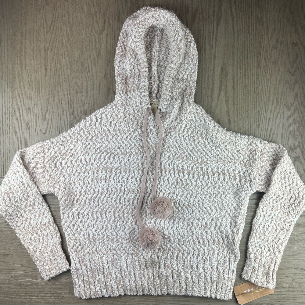 S Anthropologie YES LOLA Boucle Knit Hoodie Pom Pom Cozy Sweater Cream